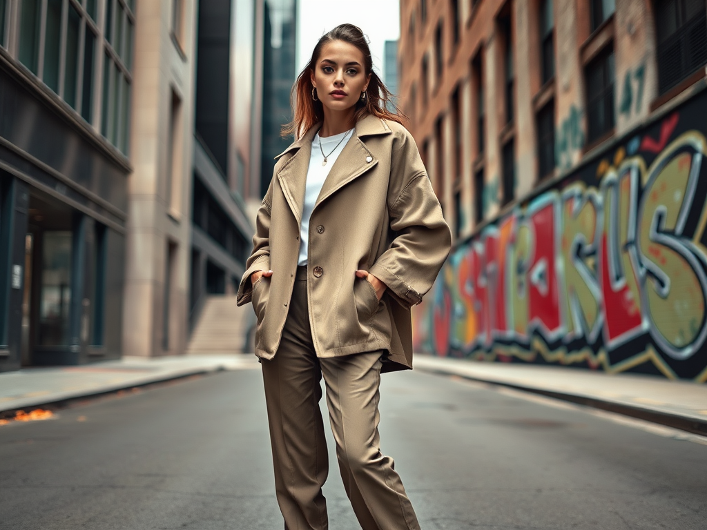 Une femme élégante porte un manteau beige et un pantalon assorti, posant dans une rue avec des graffitis colorés.