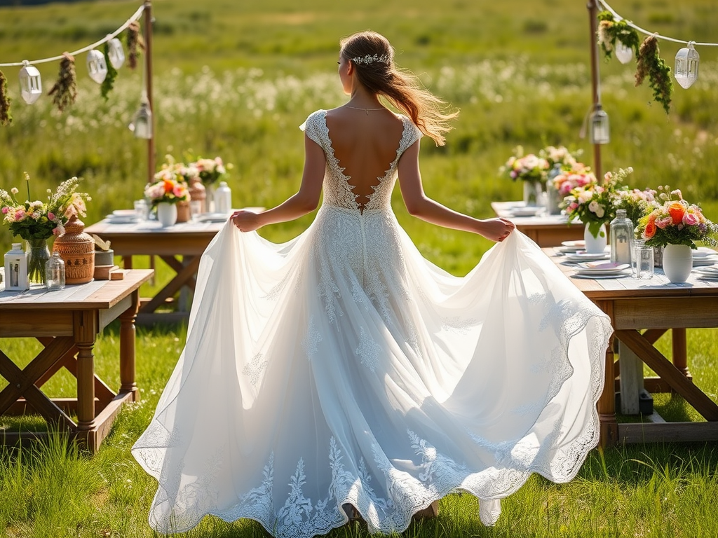 Une mariée en robe blanche élégante se tient dans un champ, regardant une belle table décorée pour le mariage.