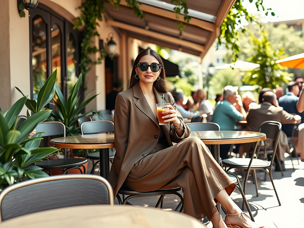 Une femme en tailleur marron, lunettes de soleil à la main avec une boisson, assise en terrasse ensoleillée.