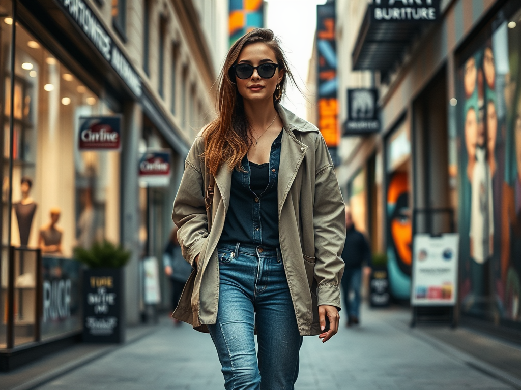 Une femme marche dans une rue commerçante, portant des lunettes de soleil et un manteau, au milieu de vitrines.