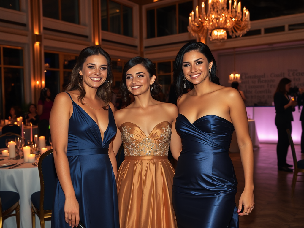 Trois femmes souriantes en robes élégantes posent ensemble dans une salle lumineuse lors d'un événement festif.