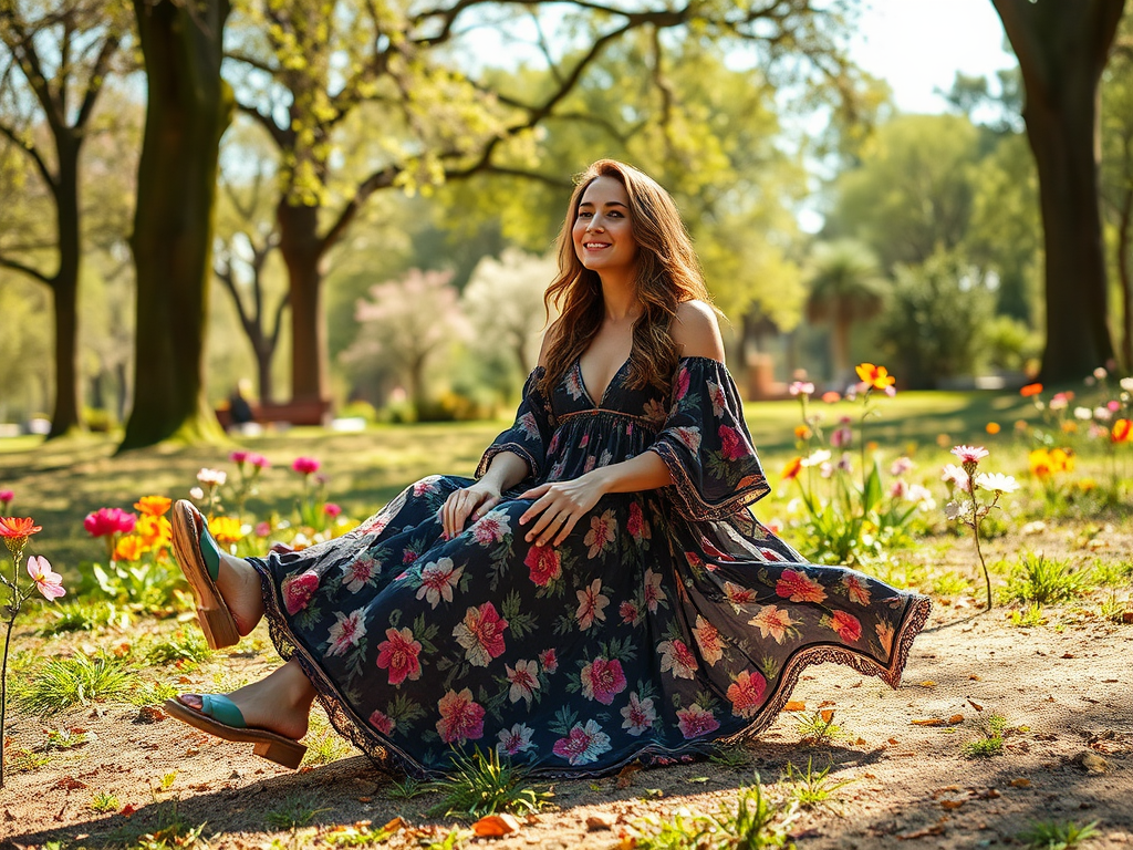 Une femme souriante porte une robe fleurie, assise parmi des fleurs colorées dans un parc ensoleillé.