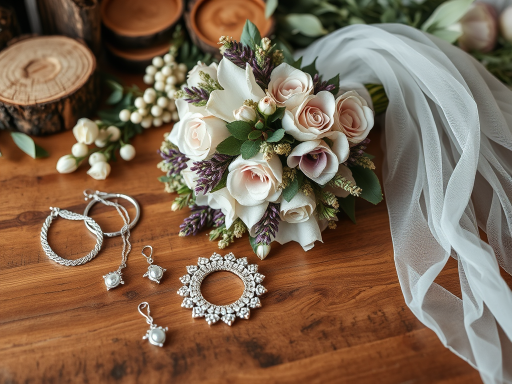 Bouquet de fleurs avec un bijou et des accessoires de mariage sur une table en bois. Éléments élégants et raffinés.