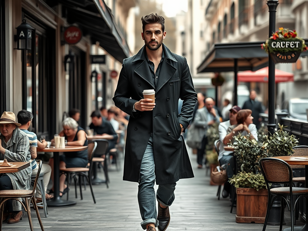 Un homme élégant marche dans une rue animée, tenant un café, entouré de terrasses de café.