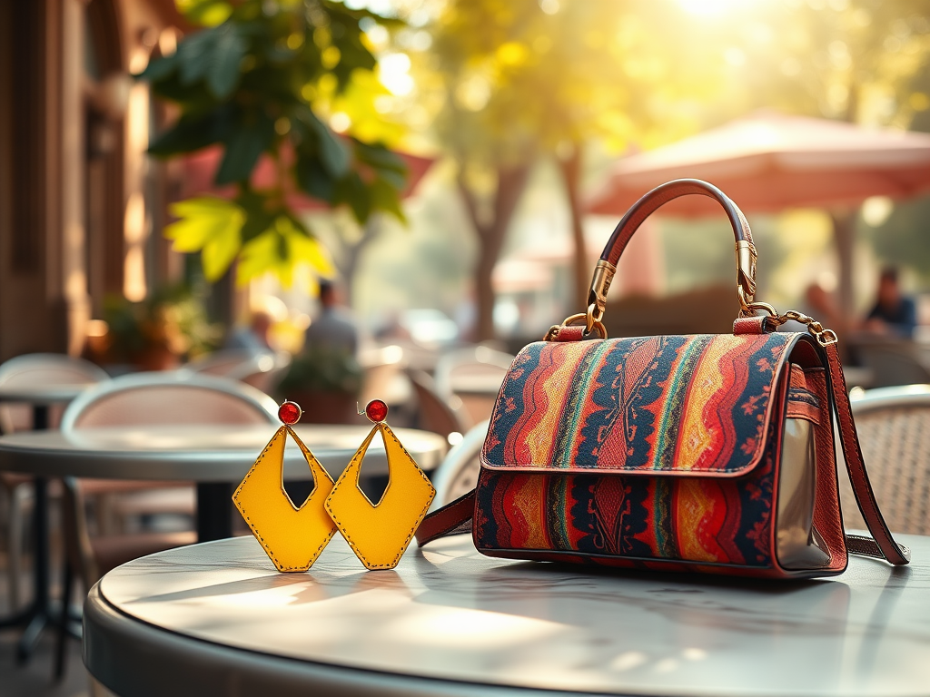 Un sac coloré et des boucles d'oreilles jaunes sur une table dans un café, sous un éclairage doux.